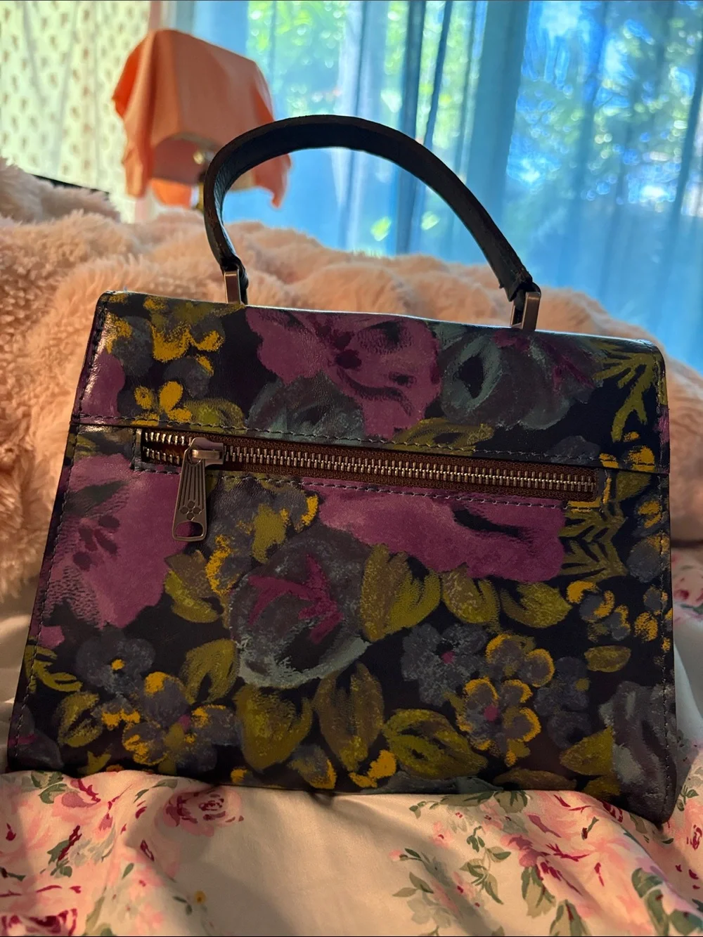 Patricia Nash Floral Painted Leather Top-Handle Bag in Black, Purple, Yellow